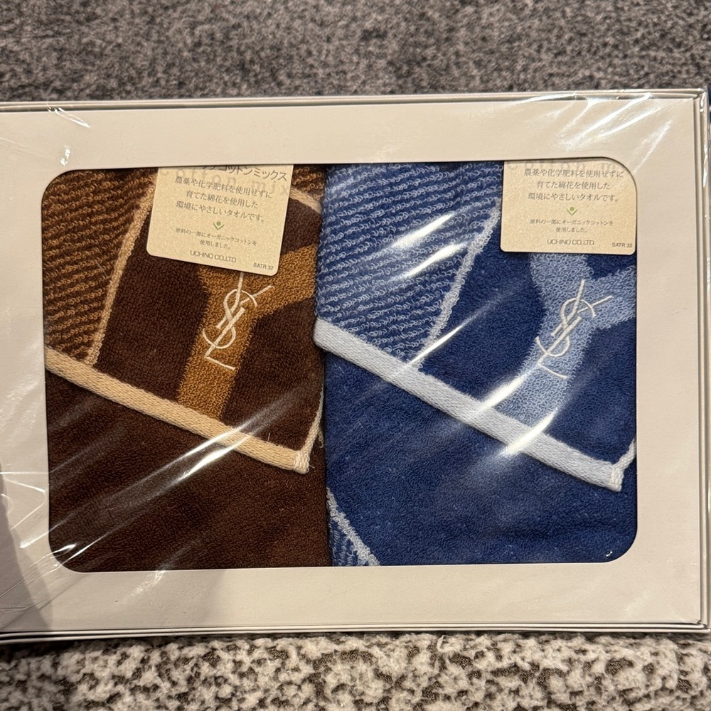 New Yves Saint Laurent Striped Brown and Blue Hand towel Set